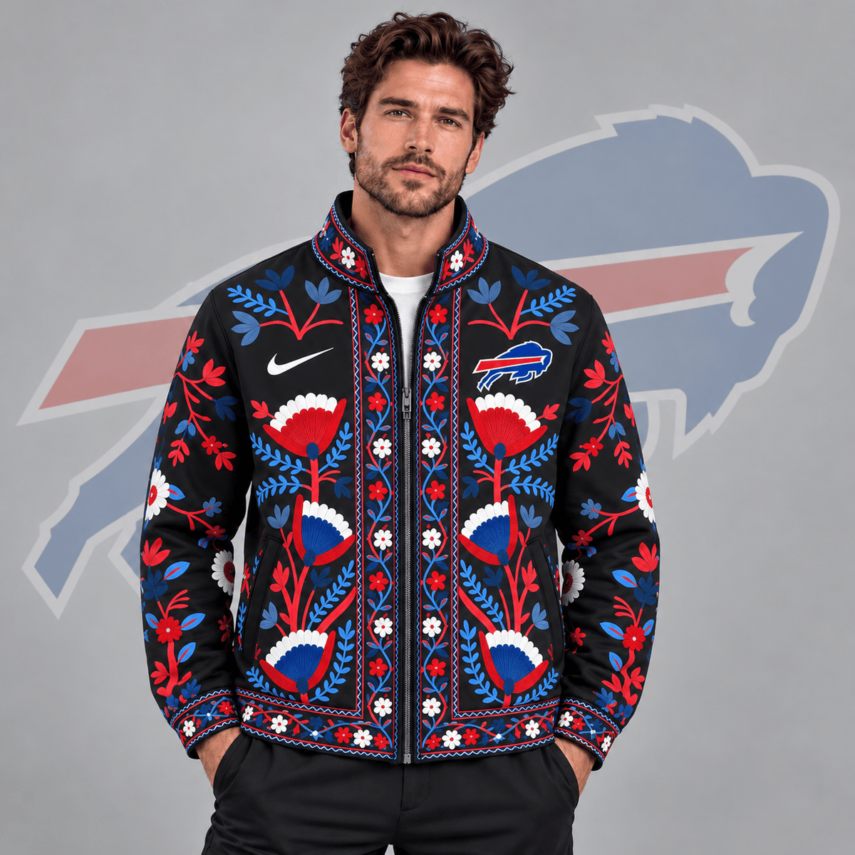 Buffalo Bills | Premium NFL Vintage Folk Art Floral Print Stand Collar Full Zip Jacket NDN cover