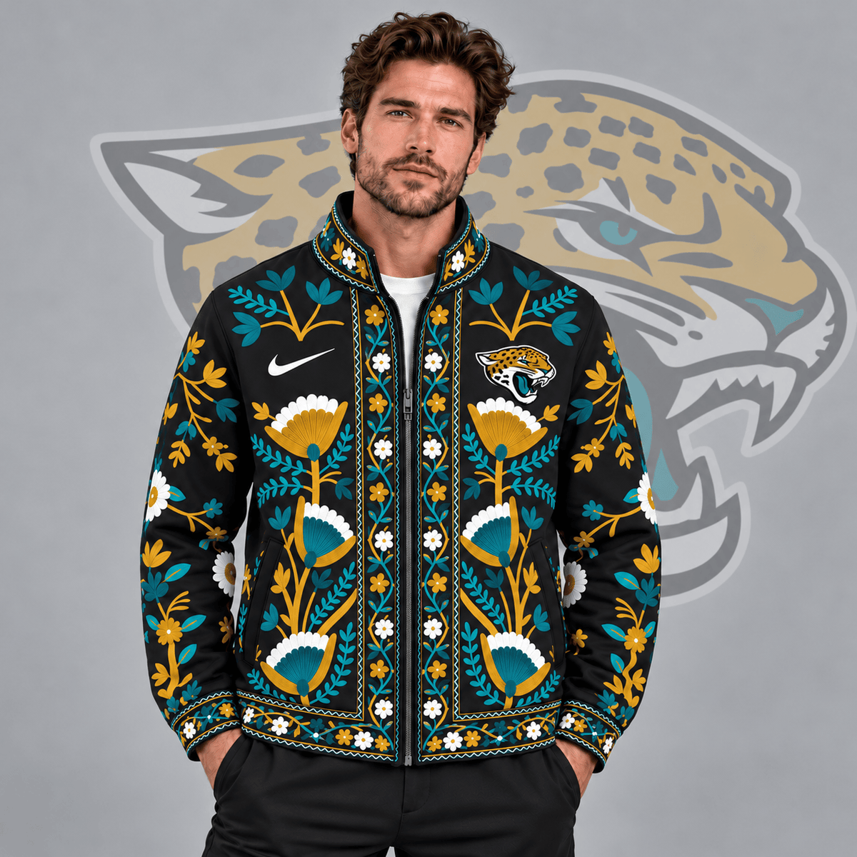 Jacksonville Jaguars | Premium NFL Vintage Folk Art Floral Print Stand Collar Full Zip Jacket NDN cover