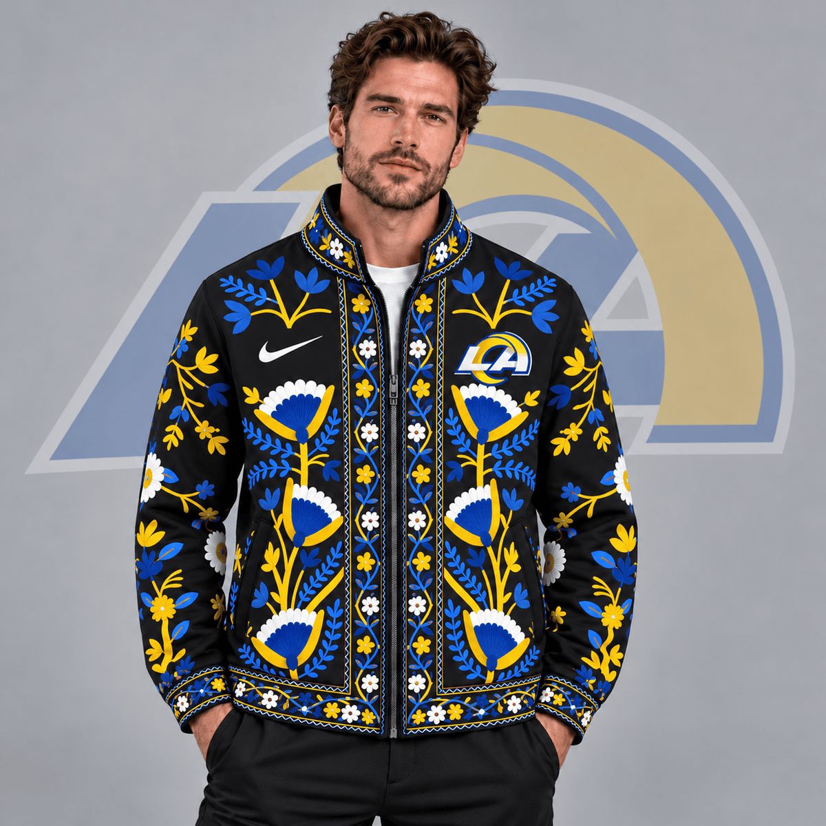 Los Angeles Rams | Premium NFL Vintage Folk Art Floral Print Stand Collar Full Zip Jacket NDN cover