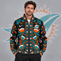 Miami Dolphins | Premium NFL Vintage Folk Art Floral Print Stand Collar Full Zip Jacket NDN cover