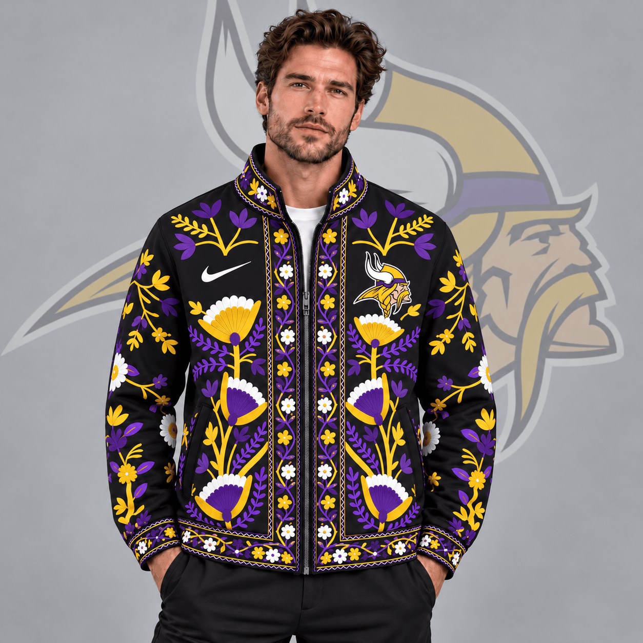 Minnesota Vikings | Premium NFL Vintage Folk Art Floral Print Stand Collar Full Zip Jacket NDN cover