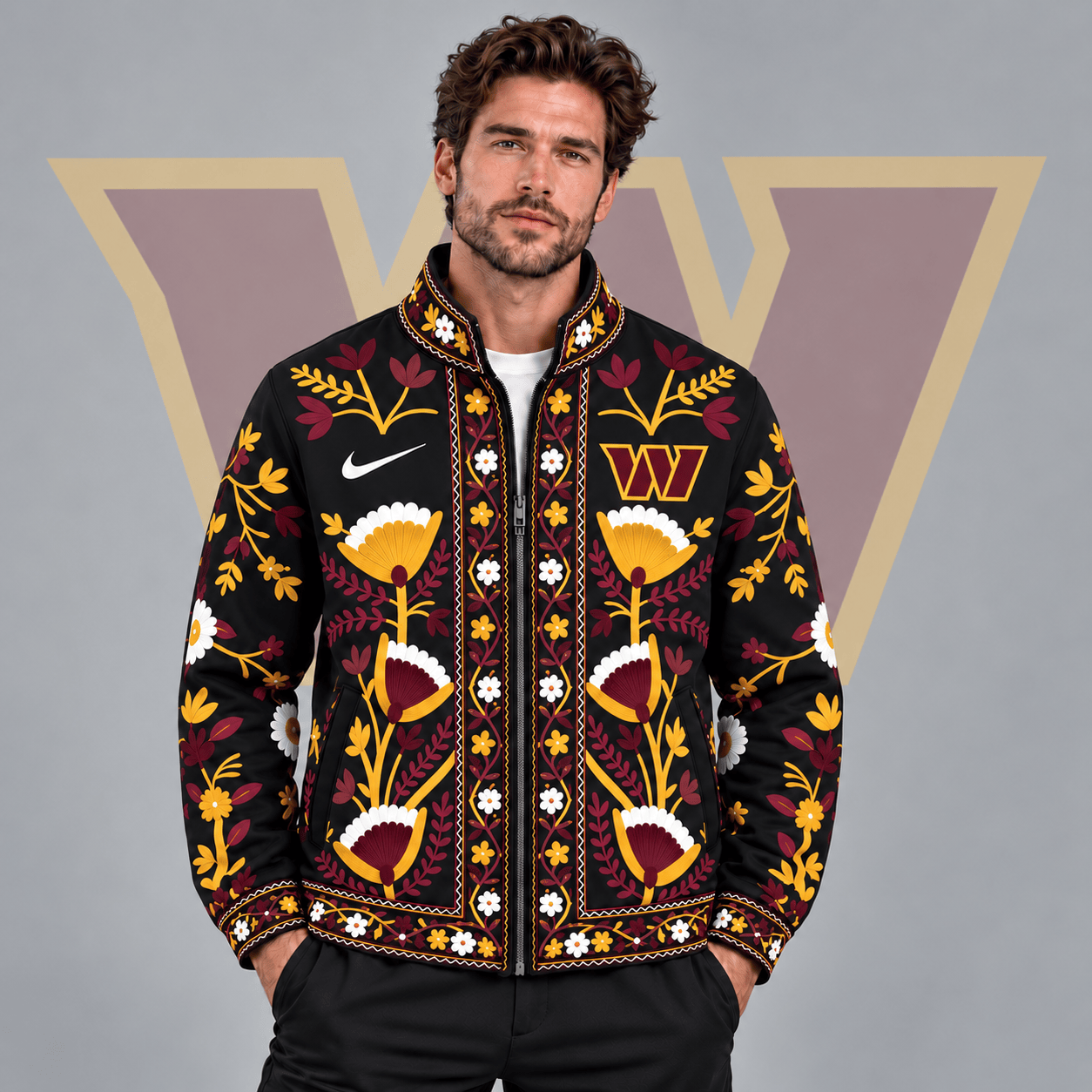 Washington Commanders | Premium NFL Vintage Folk Art Floral Print Stand Collar Full Zip Jacket NDN cover
