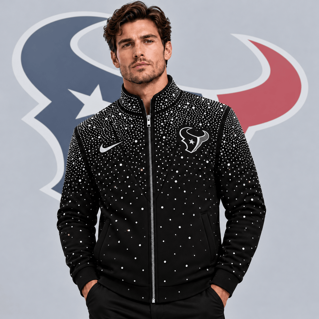 Houston Texans | Premium NFL Sparkling Rhinestone Effect Print Stand Collar Full Zip Jacket NDN cover