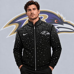 Baltimore Ravens | Premium NFL Sparkling Rhinestone Effect Print Stand Collar Full Zip Jacket NDN cover
