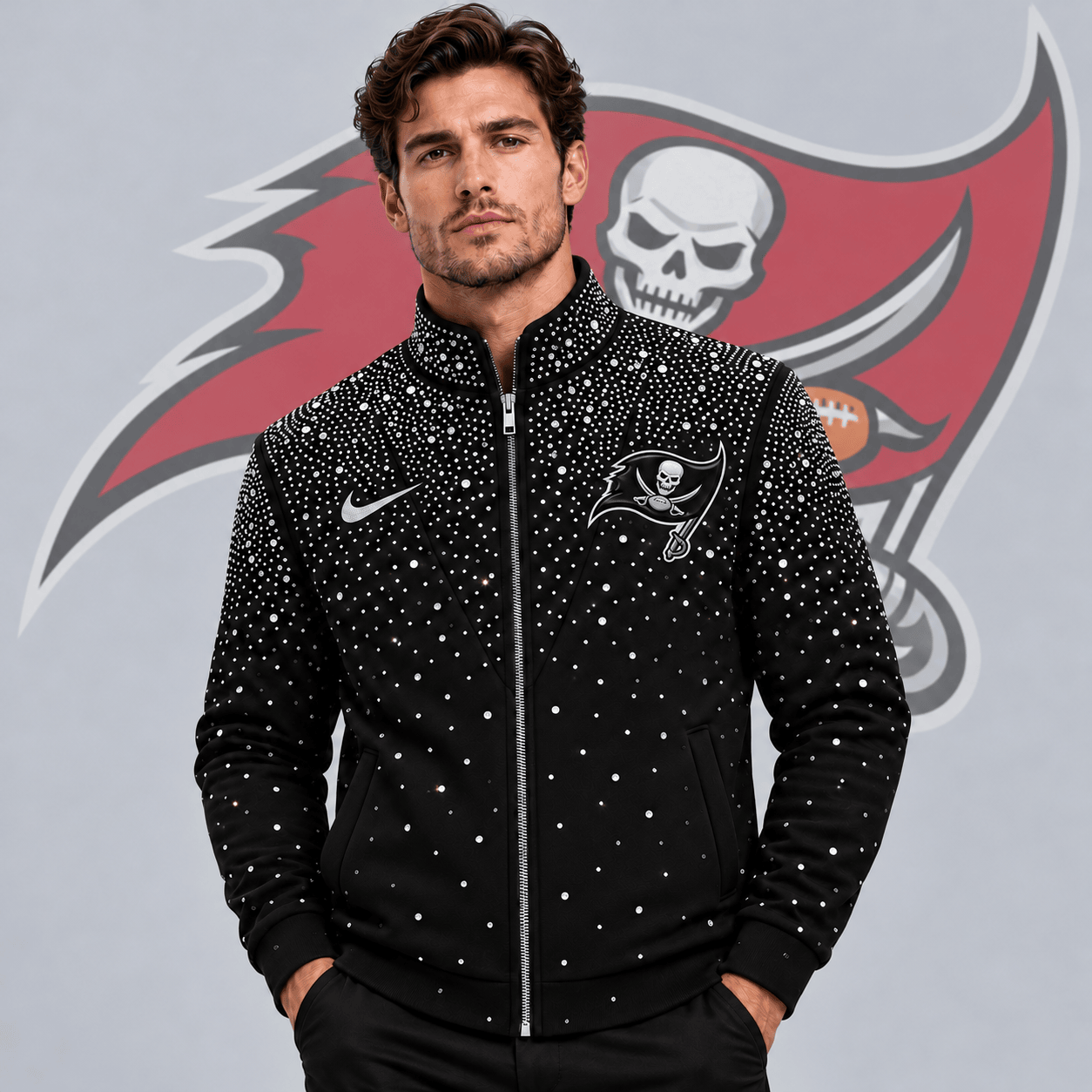Tampa Bay Buccaneers | Premium NFL Sparkling Rhinestone Effect Print Stand Collar Full Zip Jacket NDN cover
