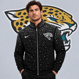 Jacksonville Jaguars | Premium NFL Sparkling Rhinestone Effect Print Stand Collar Full Zip Jacket NDN cover