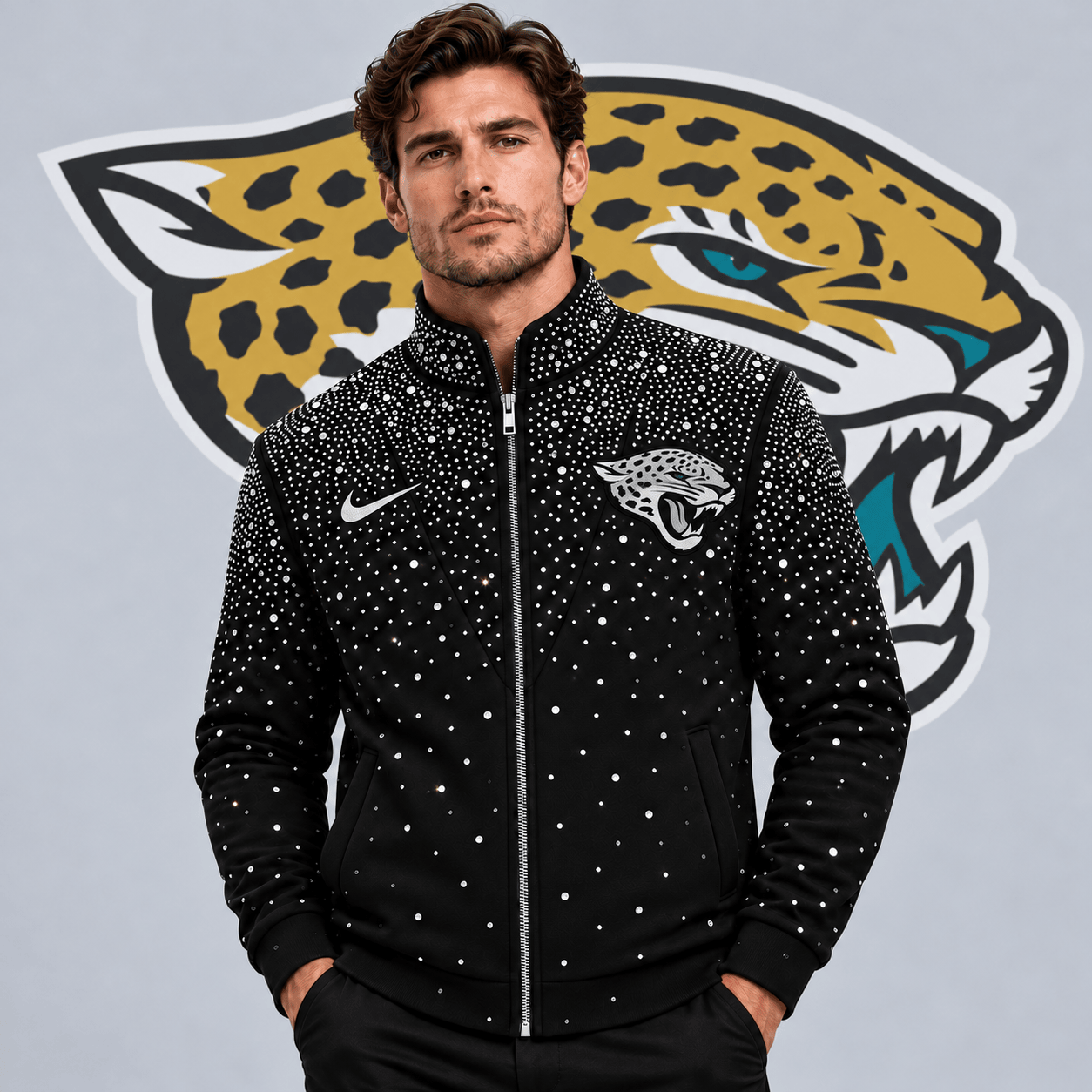 Jacksonville Jaguars | Premium NFL Sparkling Rhinestone Effect Print Stand Collar Full Zip Jacket NDN cover