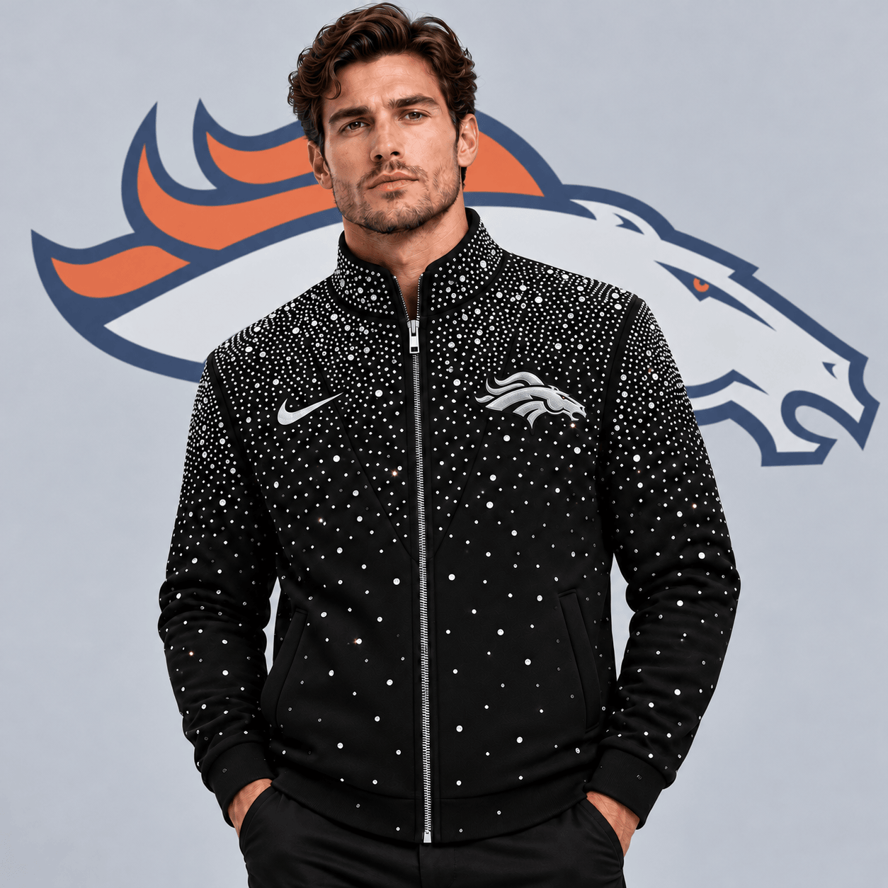 Denver Broncos | Premium NFL Sparkling Rhinestone Effect Print Stand Collar Full Zip Jacket NDN cover