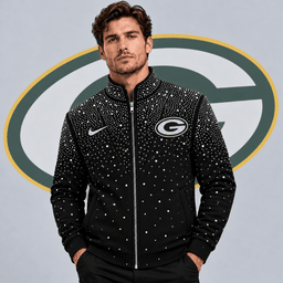 Green Bay Packers | Premium NFL Sparkling Rhinestone Effect Print Stand Collar Full Zip Jacket NDN cover