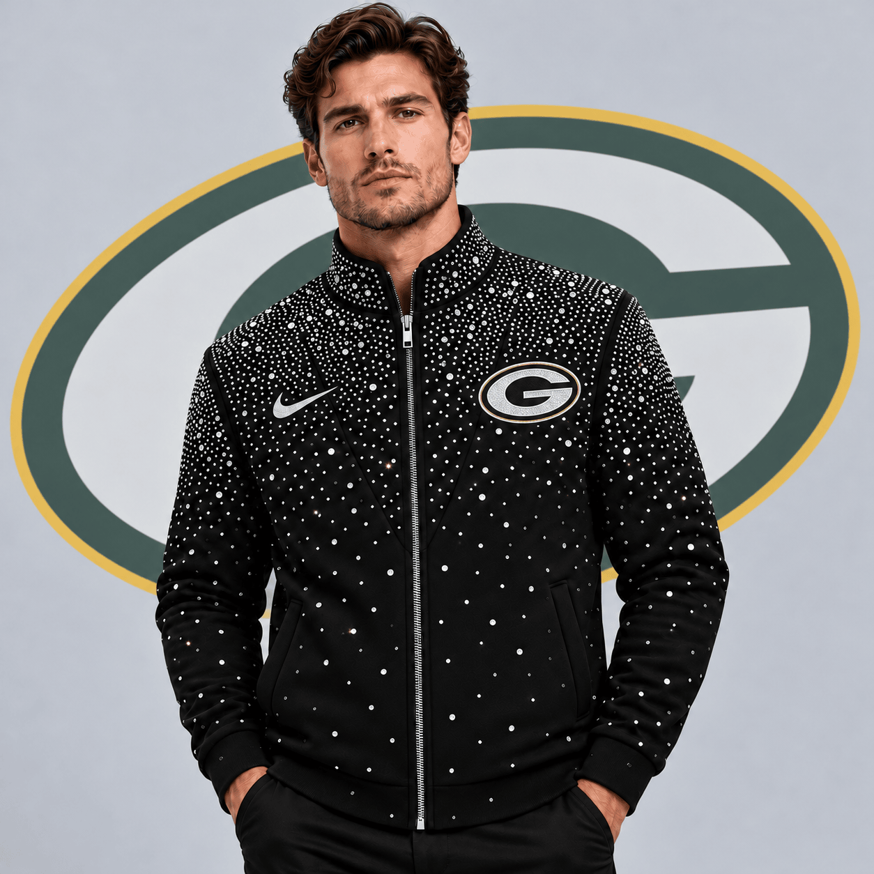Green Bay Packers | Premium NFL Sparkling Rhinestone Effect Print Stand Collar Full Zip Jacket NDN cover