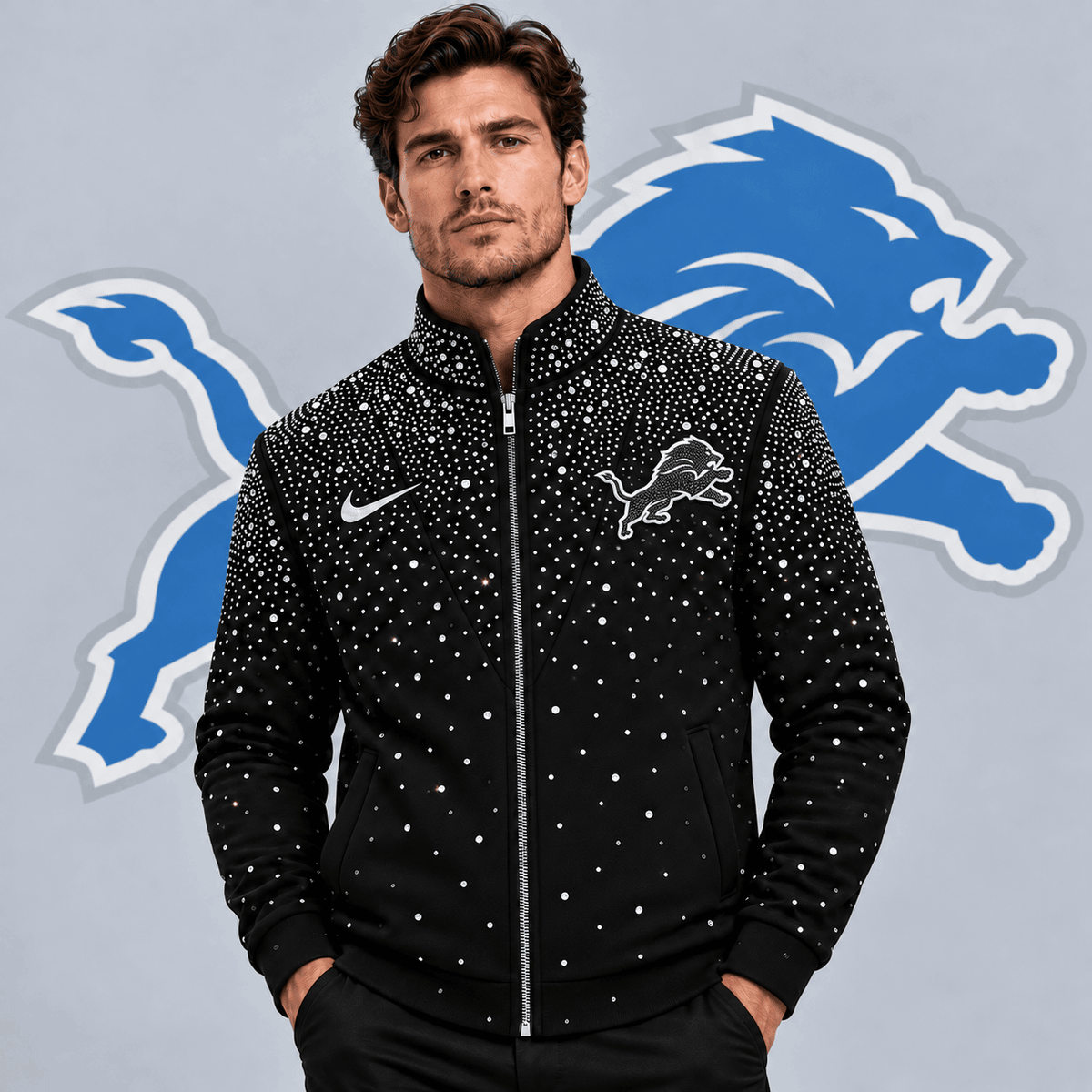Detroit Lions | Premium NFL Sparkling Rhinestone Effect Print Stand Collar Full Zip Jacket NDN cover