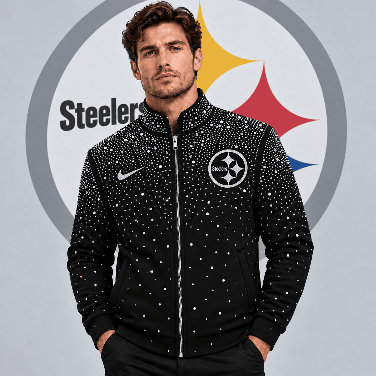 Pittsburgh Steelers | Premium NFL Sparkling Rhinestone Effect Print Stand Collar Full Zip Jacket NDN cover