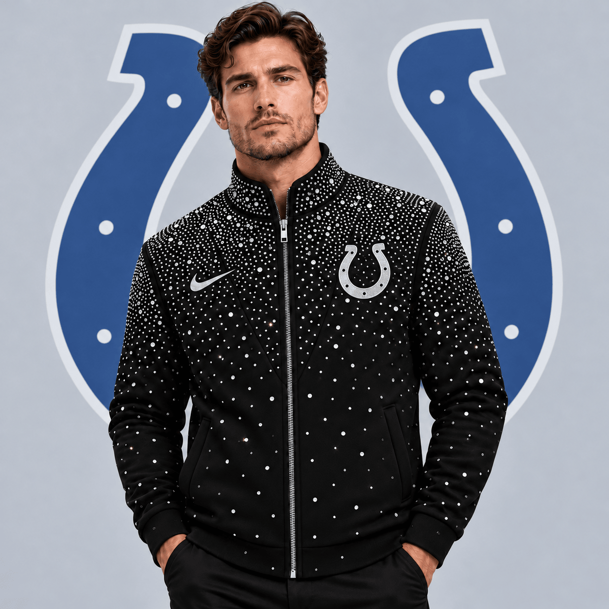 Indianapolis Colts | Premium NFL Sparkling Rhinestone Effect Print Stand Collar Full Zip Jacket NDN cover