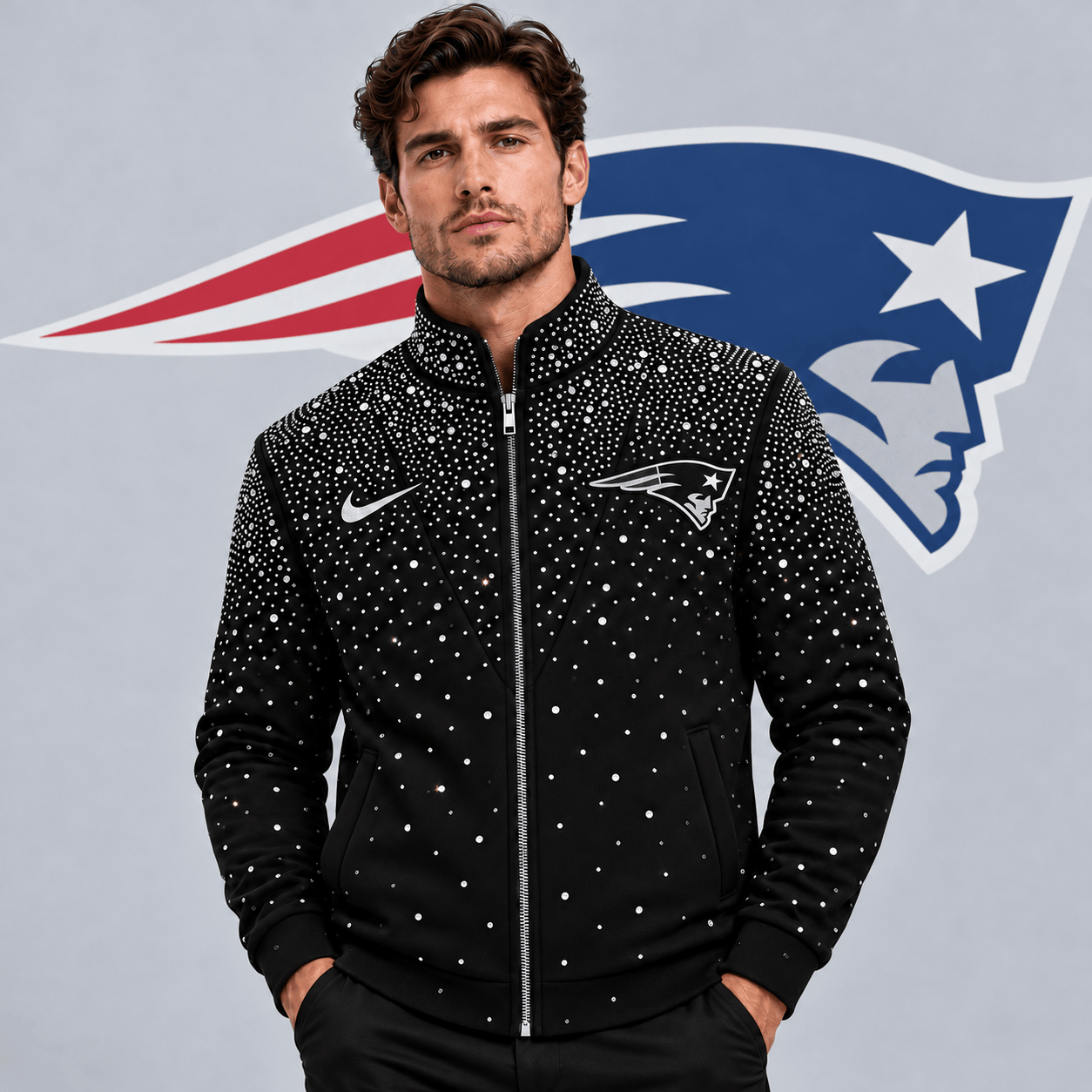 New England Patriots | Premium NFL Sparkling Rhinestone Effect Print Stand Collar Full Zip Jacket NDN cover