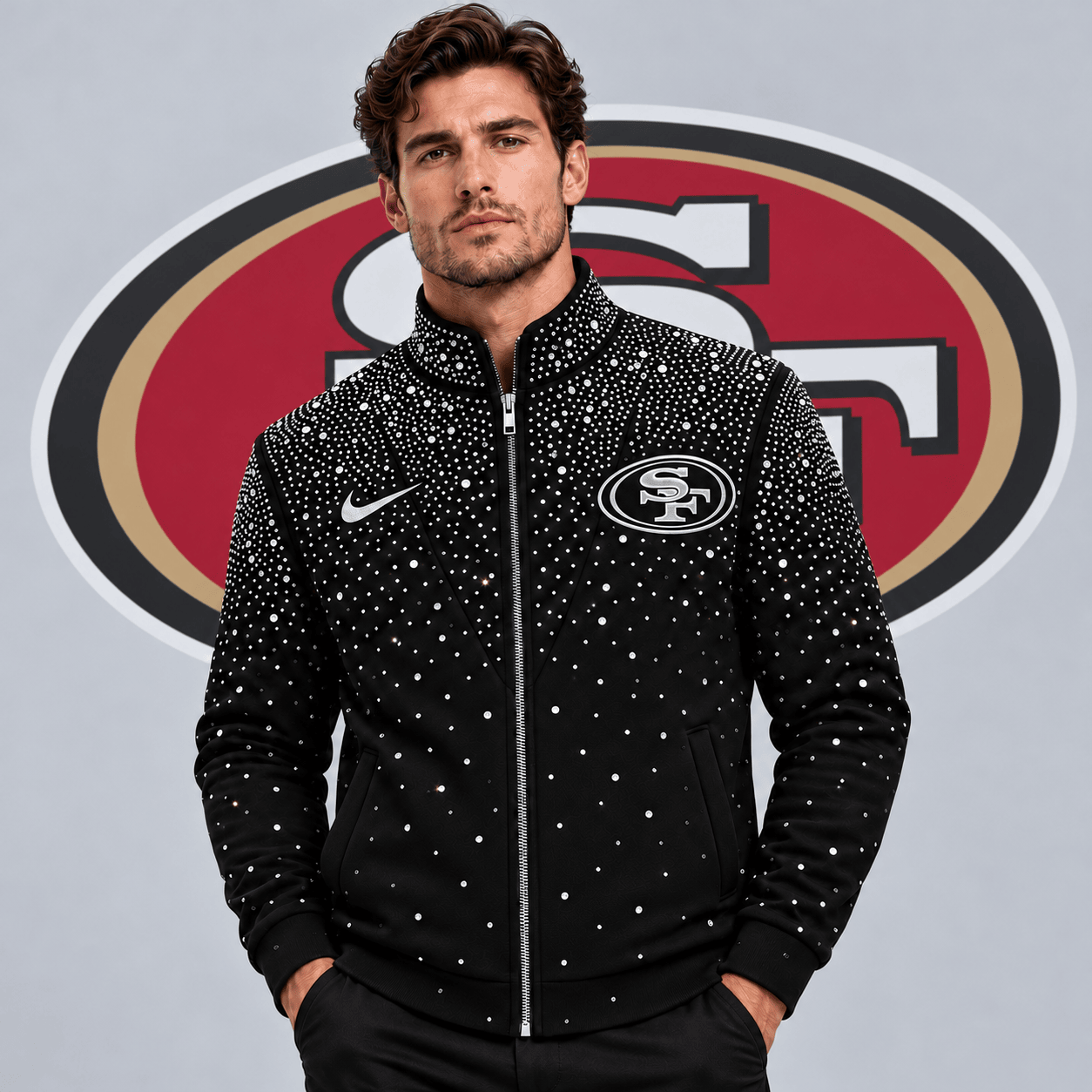San Francisco 49ers | Premium NFL Sparkling Rhinestone Effect Print Stand Collar Full Zip Jacket NDN cover