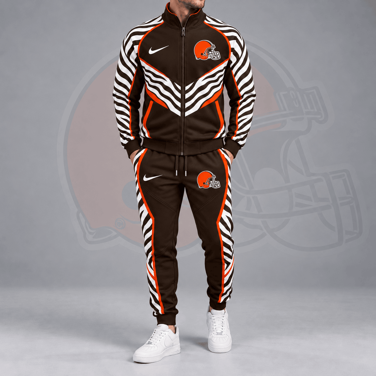 Cleveland Browns | Premium NFL Dynamic Tiger Stripe Print Full Zip Track Jacket & Matching Jogger Pants Set NDN cover
