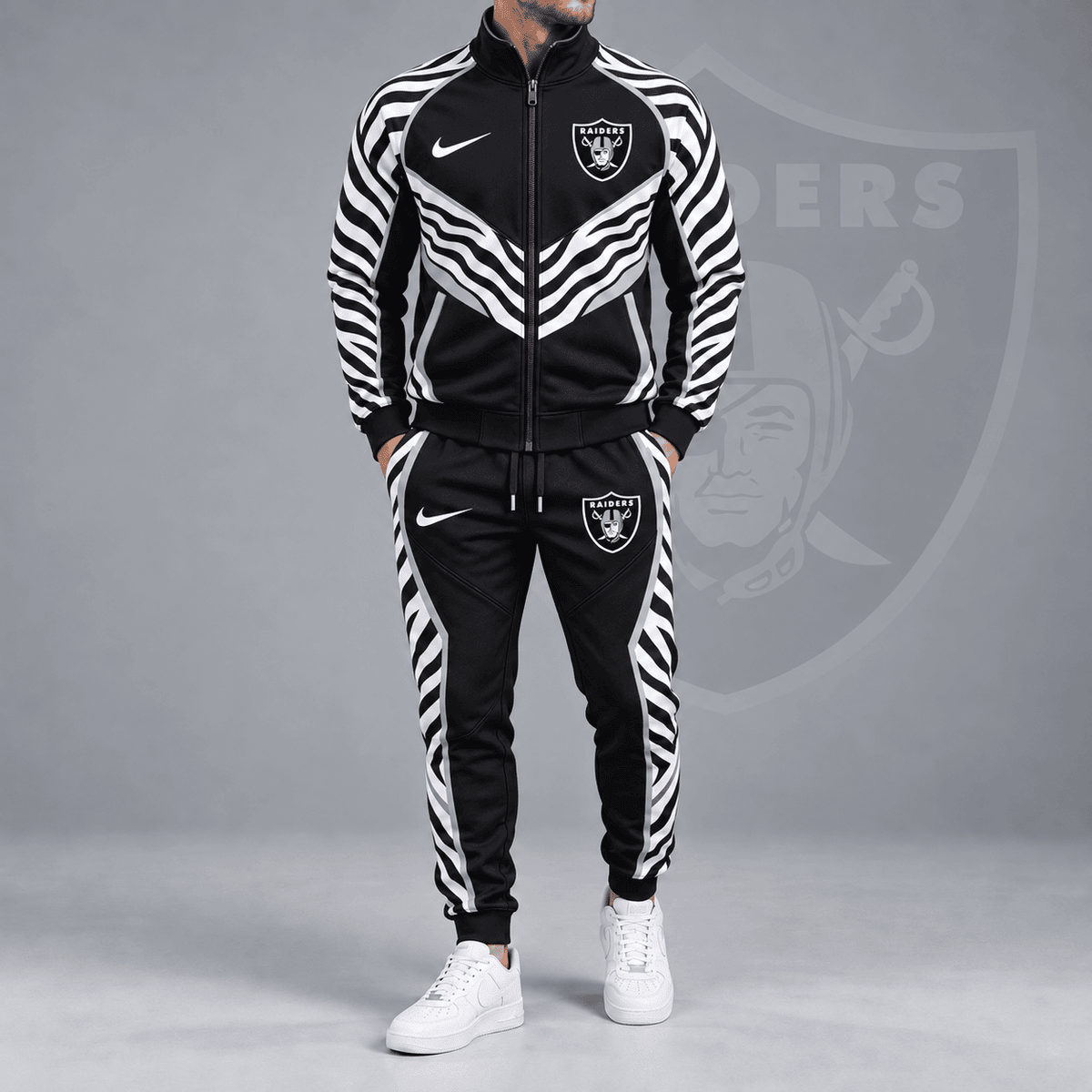 Las Vegas Raiders | Premium NFL Dynamic Tiger Stripe Print Full Zip Track Jacket & Matching Jogger Pants Set NDN cover
