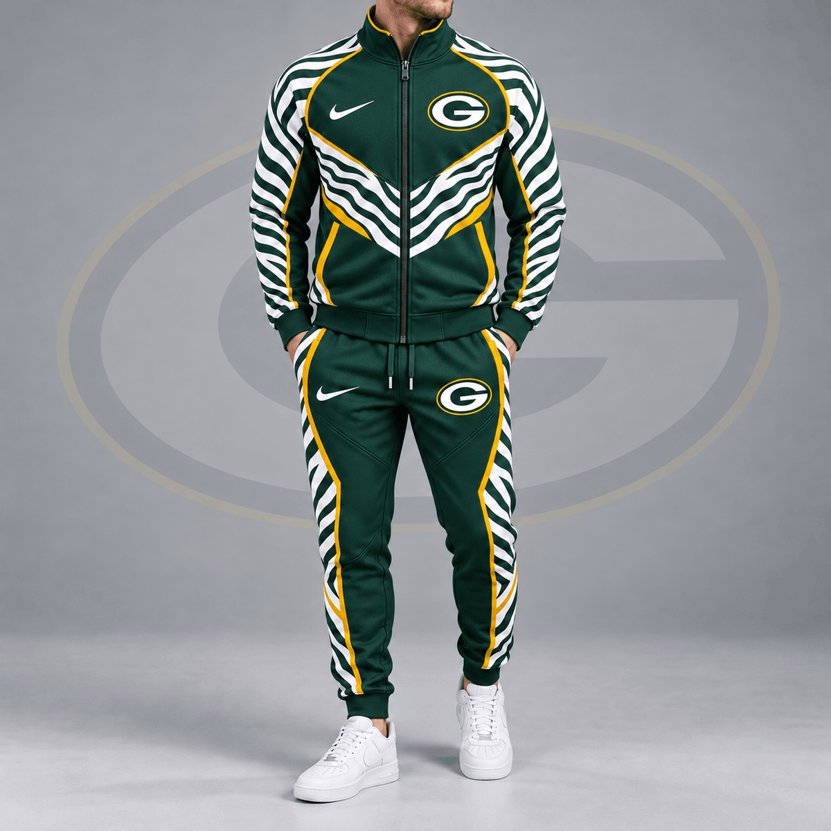 Green Bay Packers | Premium NFL Dynamic Tiger Stripe Print Full Zip Track Jacket & Matching Jogger Pants Set NDN cover