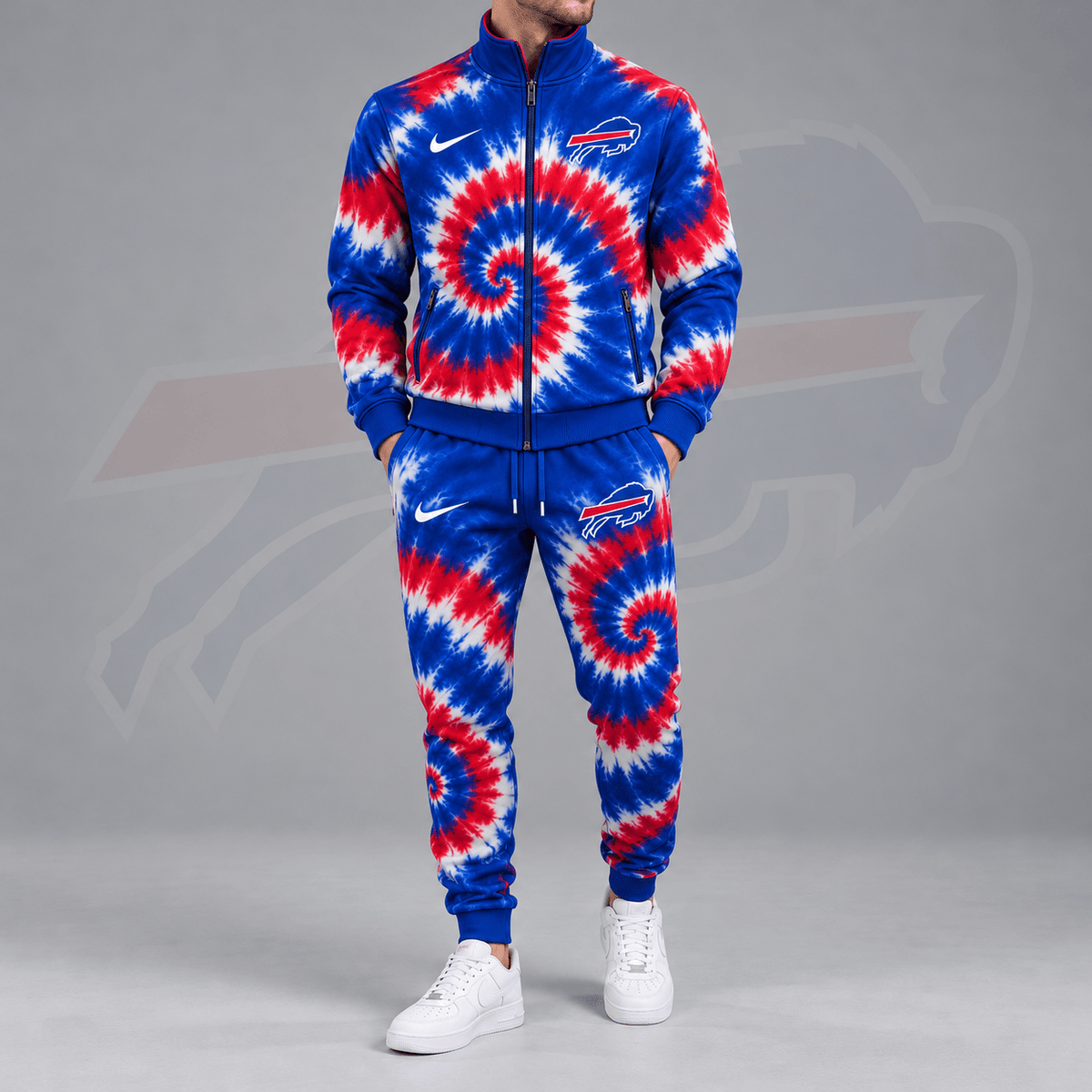 Buffalo Bills | Premium NFL Spiral Tie Dye Print Stand Collar Zip Up Jacket & Matching Jogger Pants Tracksuit NDN cover
