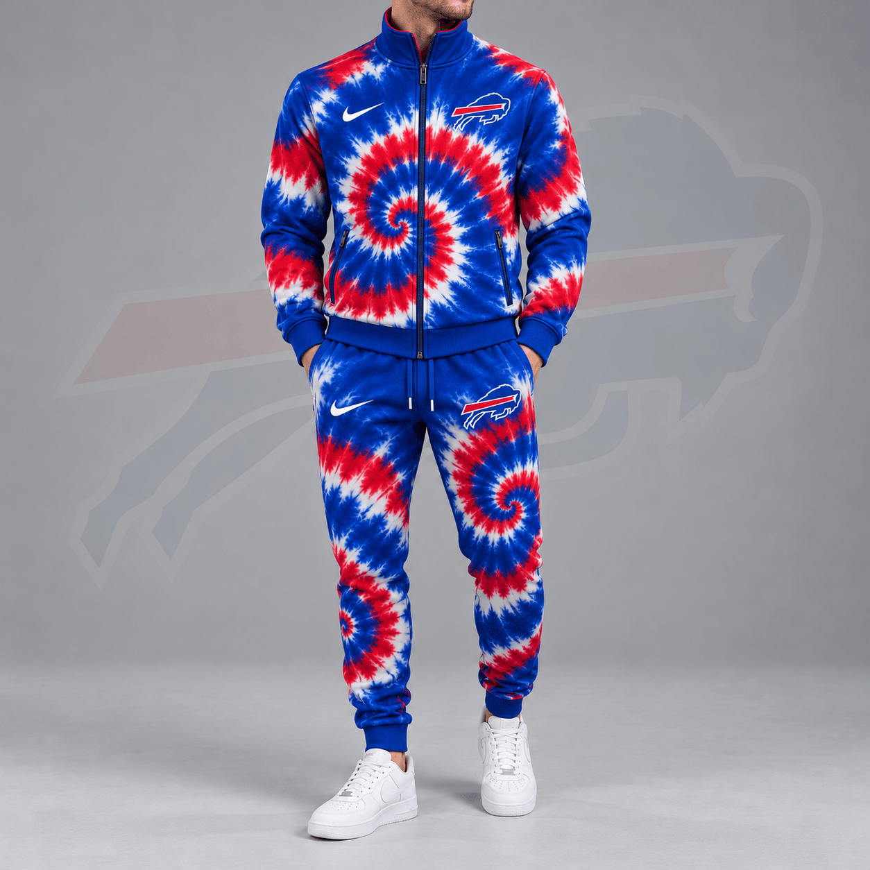 Buffalo Bills | Premium NFL Spiral Tie Dye Print Stand Collar Zip Up Jacket & Matching Jogger Pants Tracksuit NDN cover