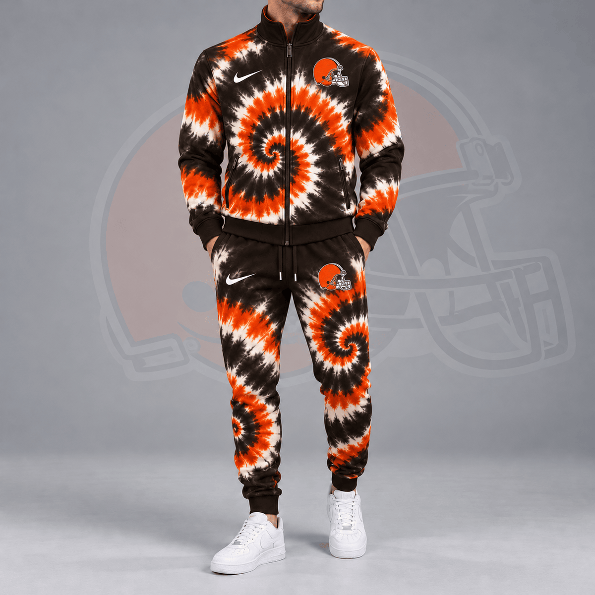 Cleveland Browns | Premium NFL Spiral Tie Dye Print Stand Collar Zip Up Jacket & Matching Jogger Pants Tracksuit NDN cover