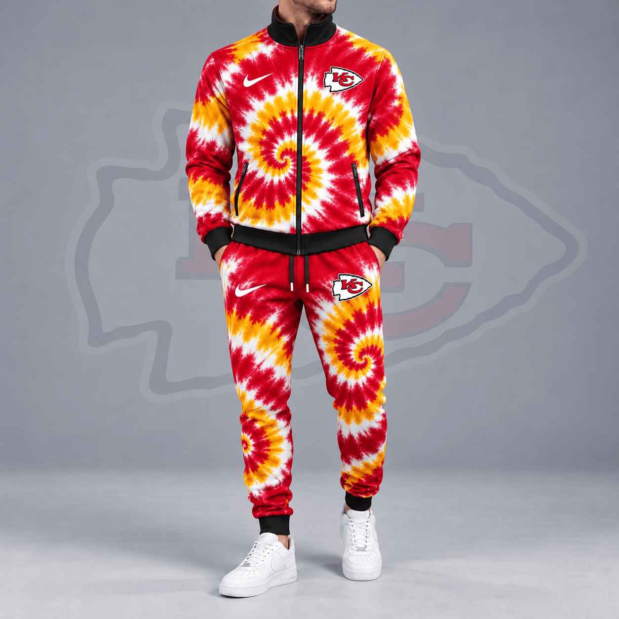 Kansas City Chiefs | Premium NFL Spiral Tie Dye Print Stand Collar Zip Up Jacket & Matching Jogger Pants Tracksuit NDN cover