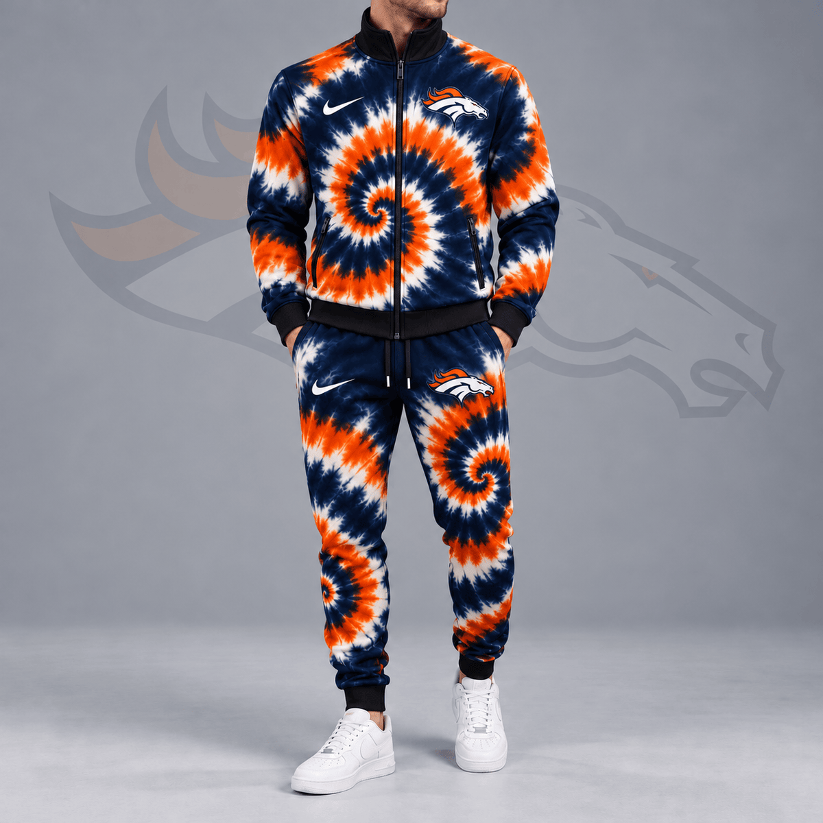 Denver Broncos | Premium NFL Spiral Tie Dye Print Stand Collar Zip Up Jacket & Matching Jogger Pants Tracksuit NDN cover