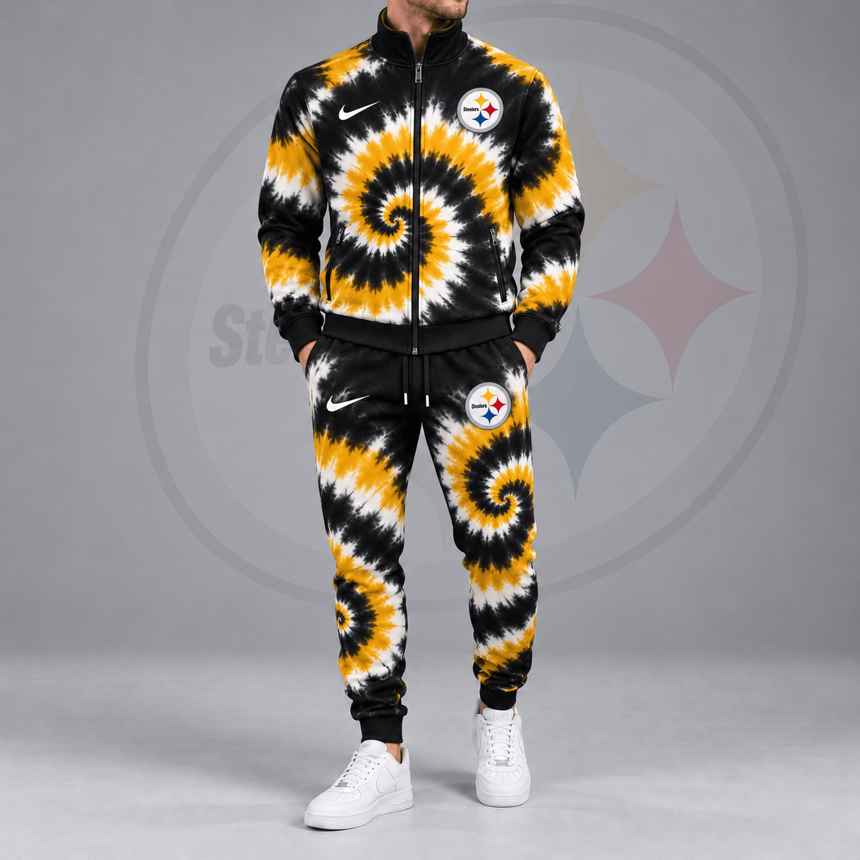 Pittsburgh Steelers | Premium NFL Spiral Tie Dye Print Stand Collar Zip Up Jacket & Matching Jogger Pants Tracksuit NDN cover