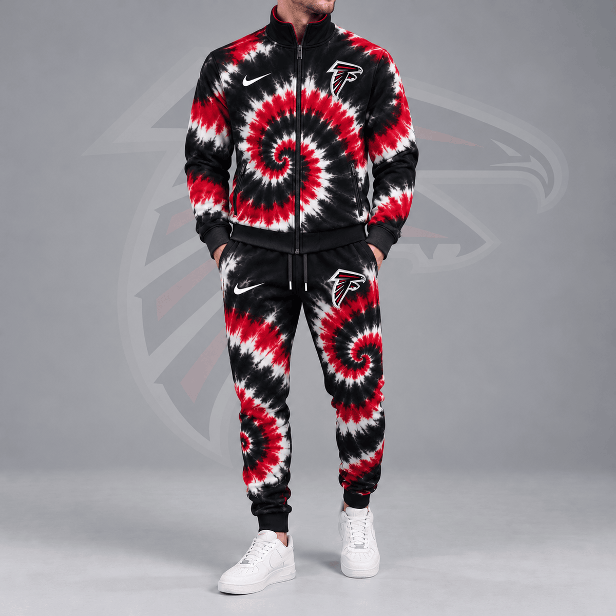 Atlanta Falcons | Premium NFL Spiral Tie Dye Print Stand Collar Zip Up Jacket & Matching Jogger Pants Tracksuit NDN cover