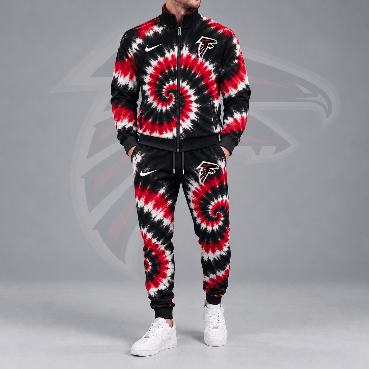 Atlanta Falcons | Premium NFL Spiral Tie Dye Print Stand Collar Zip Up Jacket & Matching Jogger Pants Tracksuit NDN cover