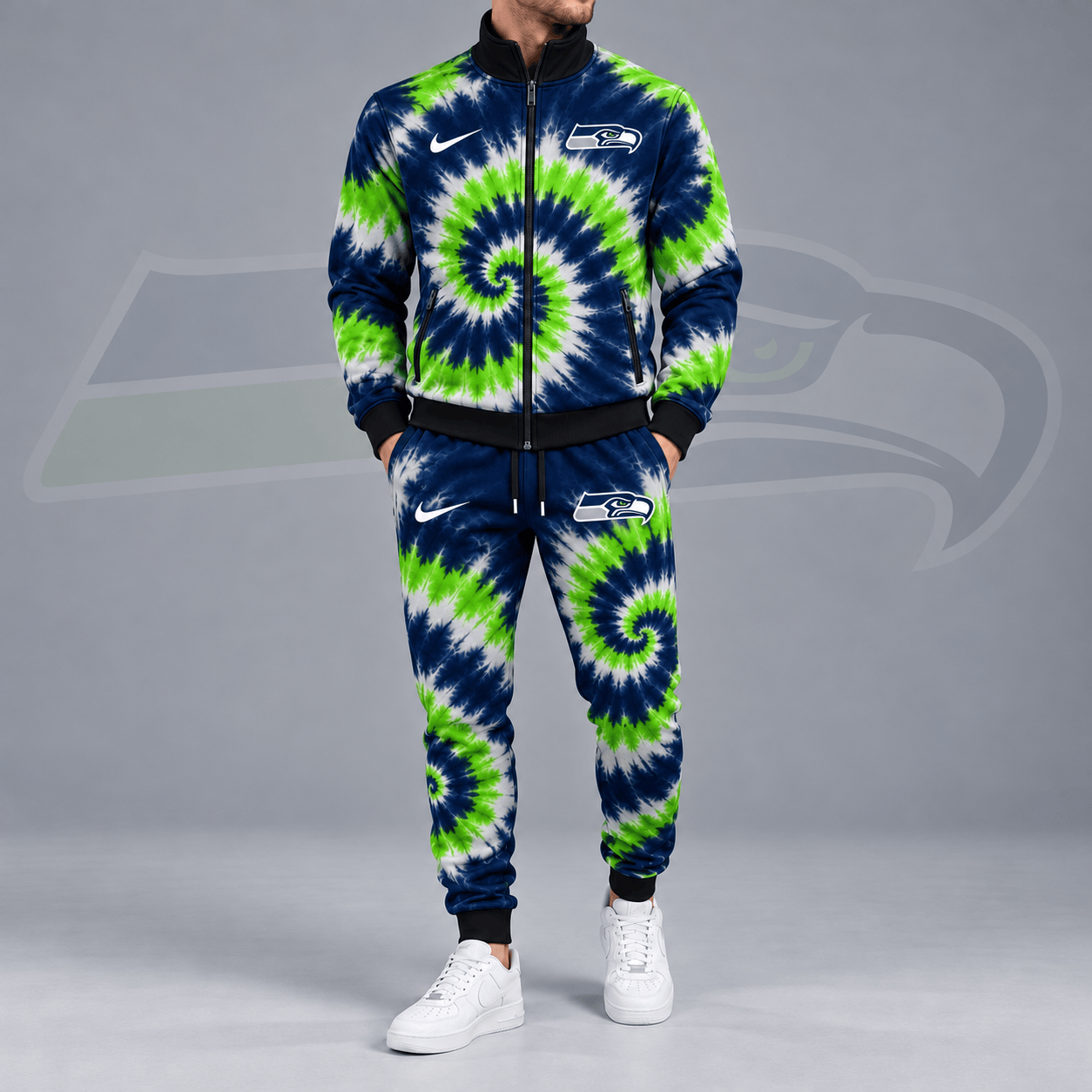 Seattle Seahawks | Premium NFL Spiral Tie Dye Print Stand Collar Zip Up Jacket & Matching Jogger Pants Tracksuit NDN cover