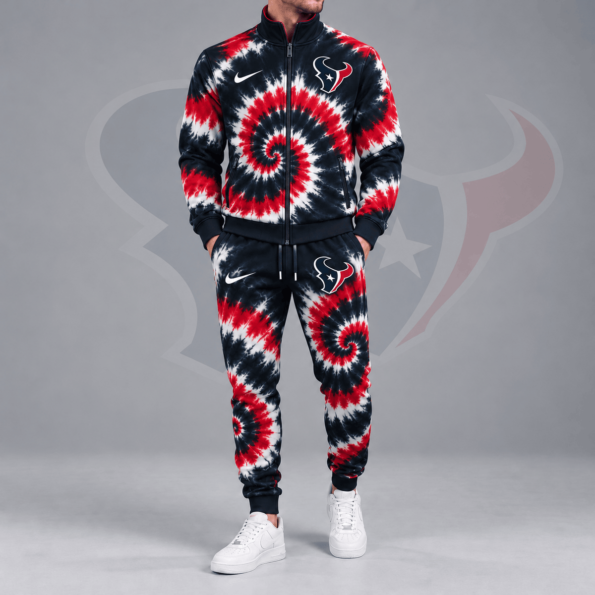 Houston Texans | Premium NFL Spiral Tie Dye Print Stand Collar Zip Up Jacket & Matching Jogger Pants Tracksuit NDN cover
