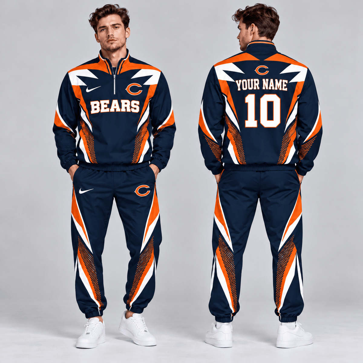 Chicago Bears | Premium NFL Custom Name Number Lightning Strike Graphic Quarter Zip Pullover Jacket And Matching Jogger Pants Tracksuit Set NDN cover