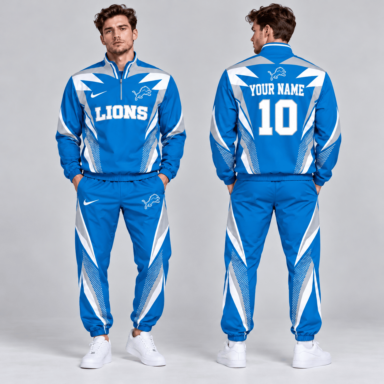 Detroit Lions | Premium NFL Custom Name Number Lightning Strike Graphic Quarter Zip Pullover Jacket And Matching Jogger Pants Tracksuit Set NDN cover