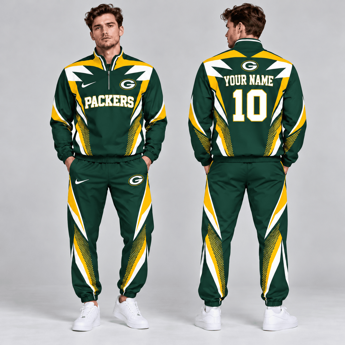 Green Bay Packers | Premium NFL Custom Name Number Lightning Strike Graphic Quarter Zip Pullover Jacket And Matching Jogger Pants Tracksuit Set NDN cover
