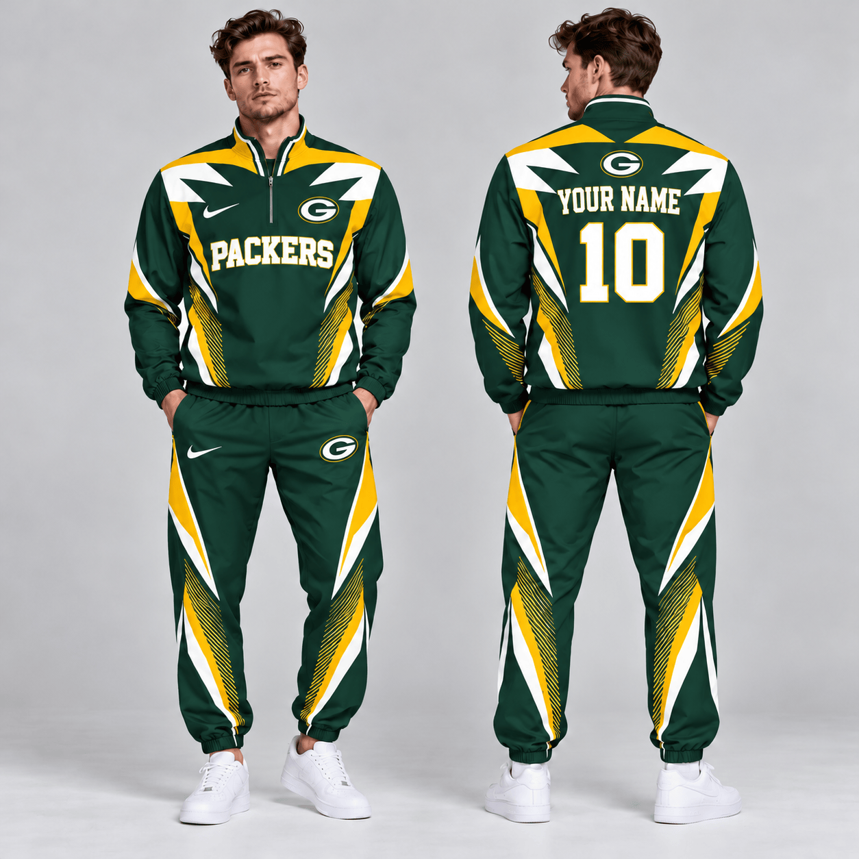Green Bay Packers | Premium NFL Custom Name Number Lightning Strike Graphic Quarter Zip Pullover Jacket And Matching Jogger Pants Tracksuit Set NDN cover