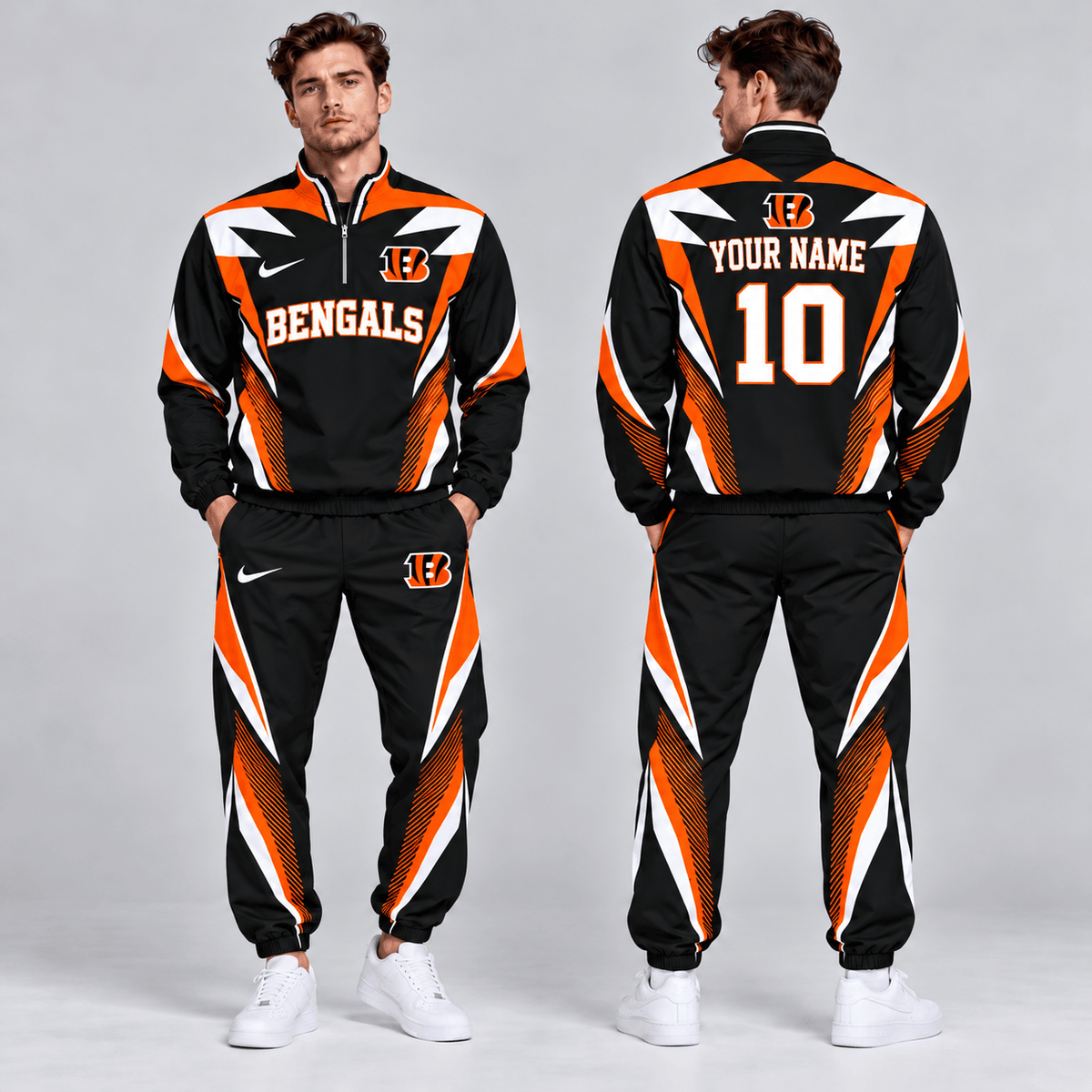 Cincinnati Bengals | Premium NFL Custom Name Number Lightning Strike Graphic Quarter Zip Pullover Jacket And Matching Jogger Pants Tracksuit Set NDN cover
