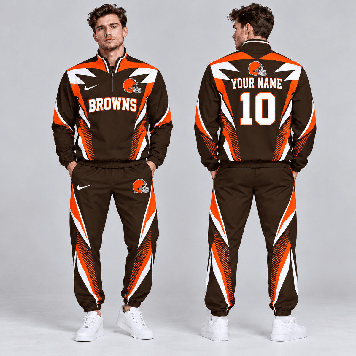 Cleveland Browns | Premium NFL Custom Name Number Lightning Strike Graphic Quarter Zip Pullover Jacket And Matching Jogger Pants Tracksuit Set NDN cover