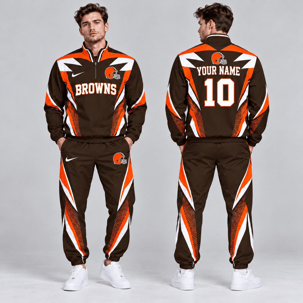 Cleveland Browns | Premium NFL Custom Name Number Lightning Strike Graphic Quarter Zip Pullover Jacket And Matching Jogger Pants Tracksuit Set NDN cover
