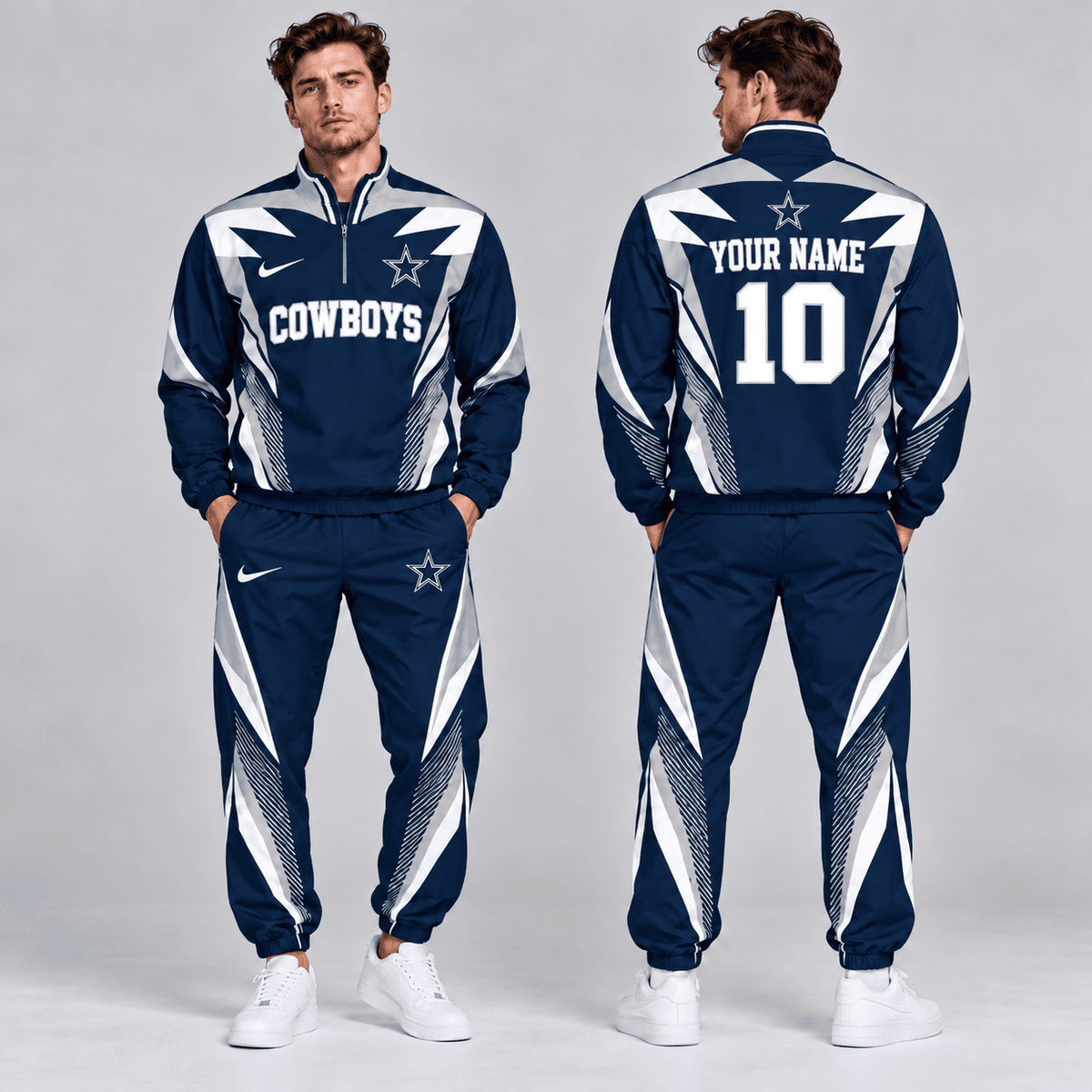 Dallas Cowboys | Premium NFL Custom Name Number Lightning Strike Graphic Quarter Zip Pullover Jacket And Matching Jogger Pants Tracksuit Set NDN cover
