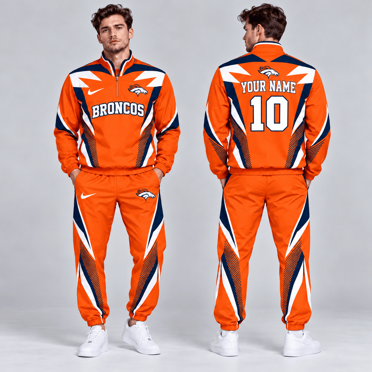Denver Broncos | Premium NFL Custom Name Number Lightning Strike Graphic Quarter Zip Pullover Jacket And Matching Jogger Pants Tracksuit Set NDN cover