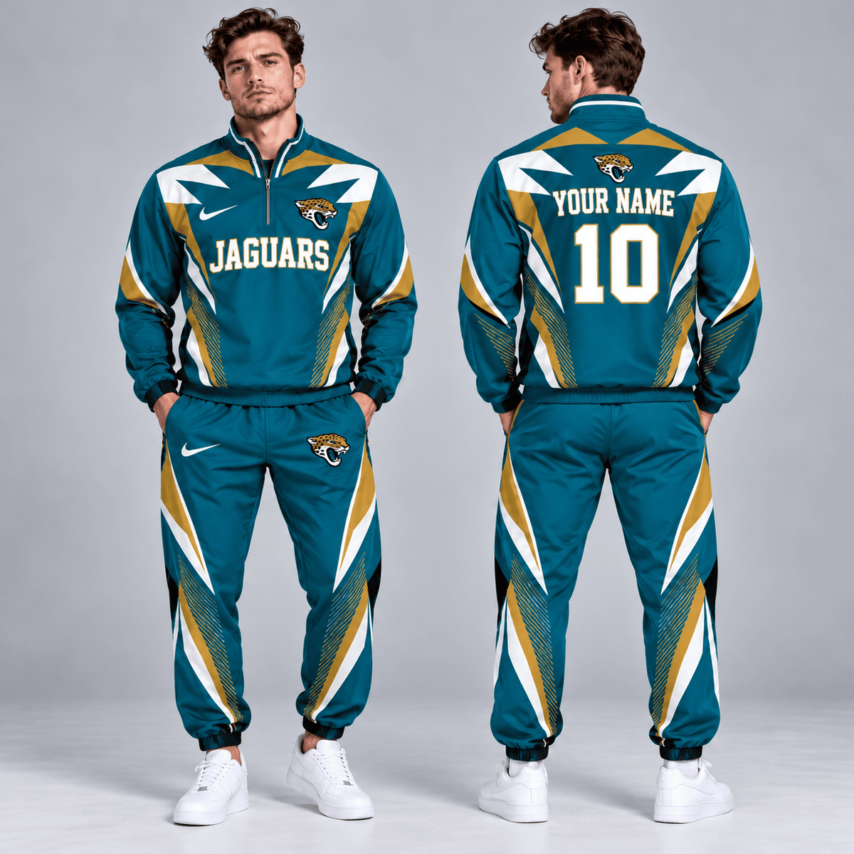 Jacksonville Jaguars | Premium NFL Custom Name Number Lightning Strike Graphic Quarter Zip Pullover Jacket And Matching Jogger Pants Tracksuit Set NDN cover