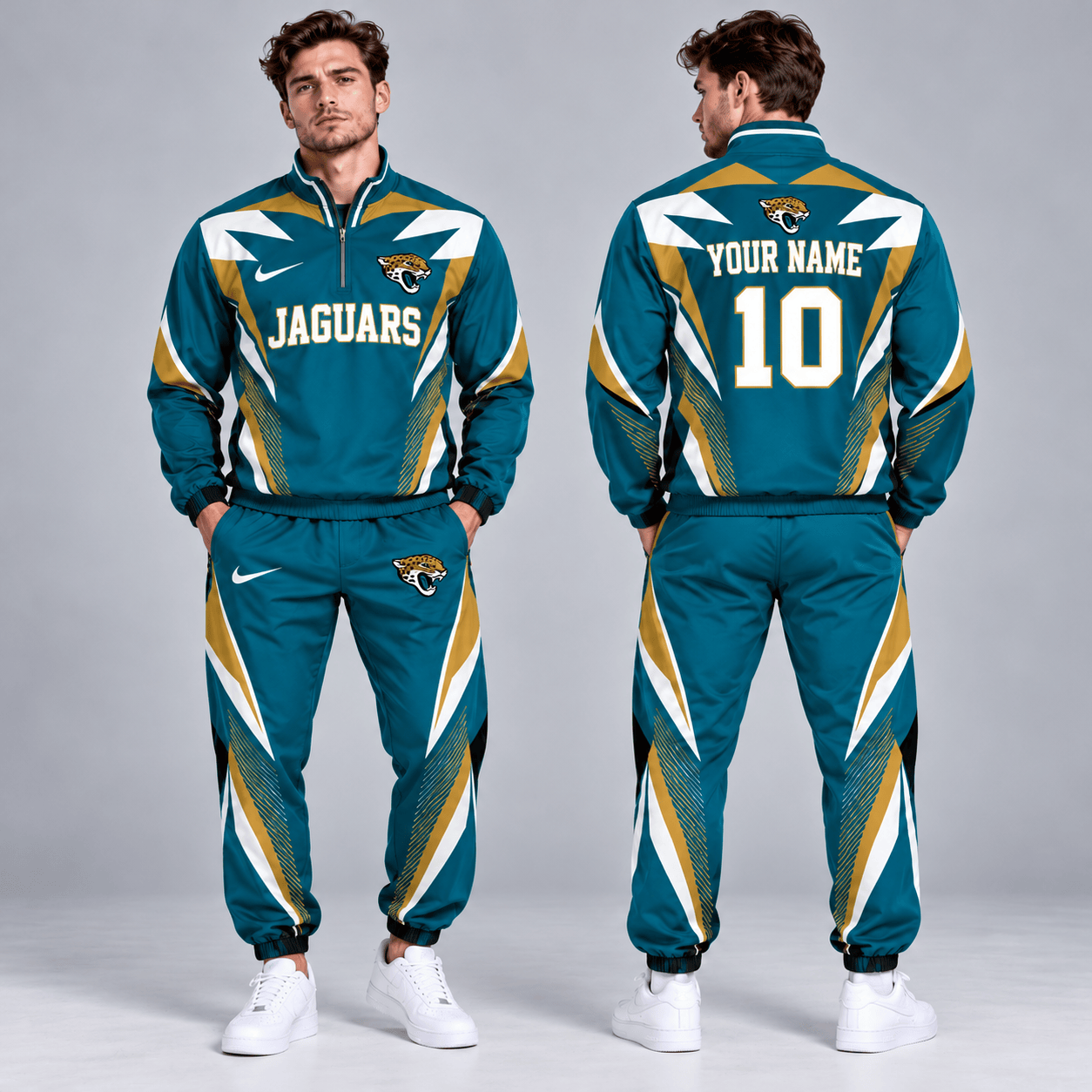 Jacksonville Jaguars | Premium NFL Custom Name Number Lightning Strike Graphic Quarter Zip Pullover Jacket And Matching Jogger Pants Tracksuit Set NDN cover