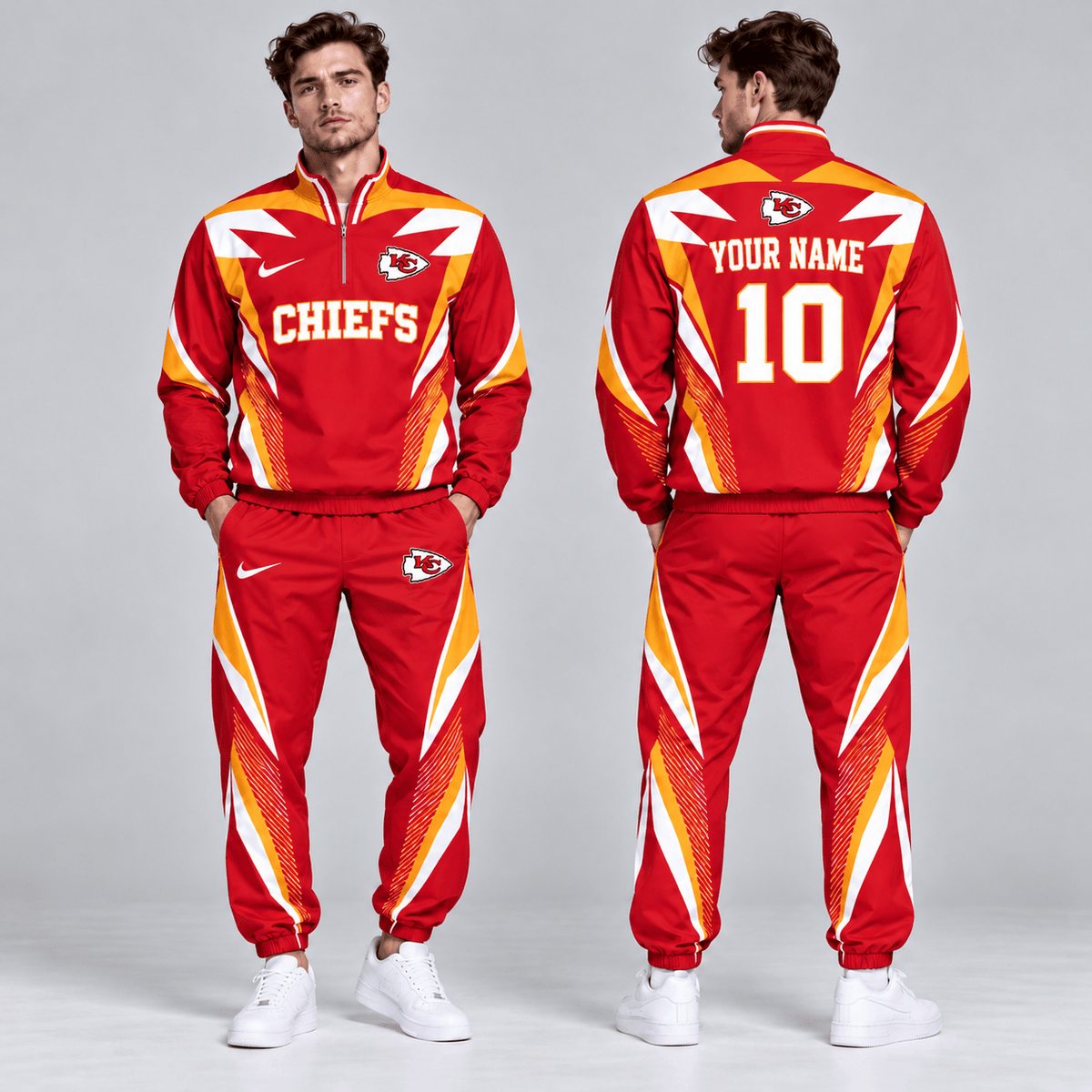 Kansas City Chiefs | Premium NFL Custom Name Number Lightning Strike Graphic Quarter Zip Pullover Jacket And Matching Jogger Pants Tracksuit Set NDN cover