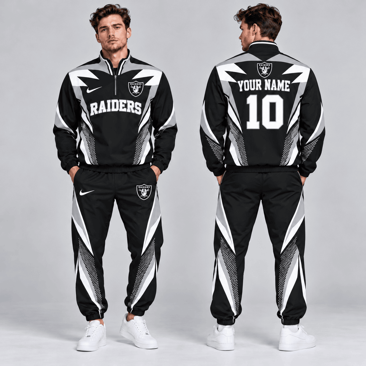 Las Vegas Raiders | Premium NFL Custom Name Number Lightning Strike Graphic Quarter Zip Pullover Jacket And Matching Jogger Pants Tracksuit Set NDN cover