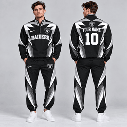 Las Vegas Raiders | Premium NFL Custom Name Number Lightning Strike Graphic Quarter Zip Pullover Jacket And Matching Jogger Pants Tracksuit Set NDN cover