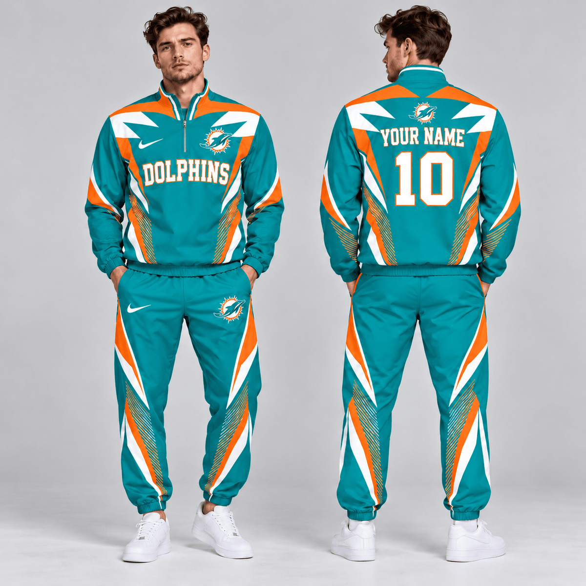 Miami Dolphins | Premium NFL Custom Name Number Lightning Strike Graphic Quarter Zip Pullover Jacket And Matching Jogger Pants Tracksuit Set NDN cover