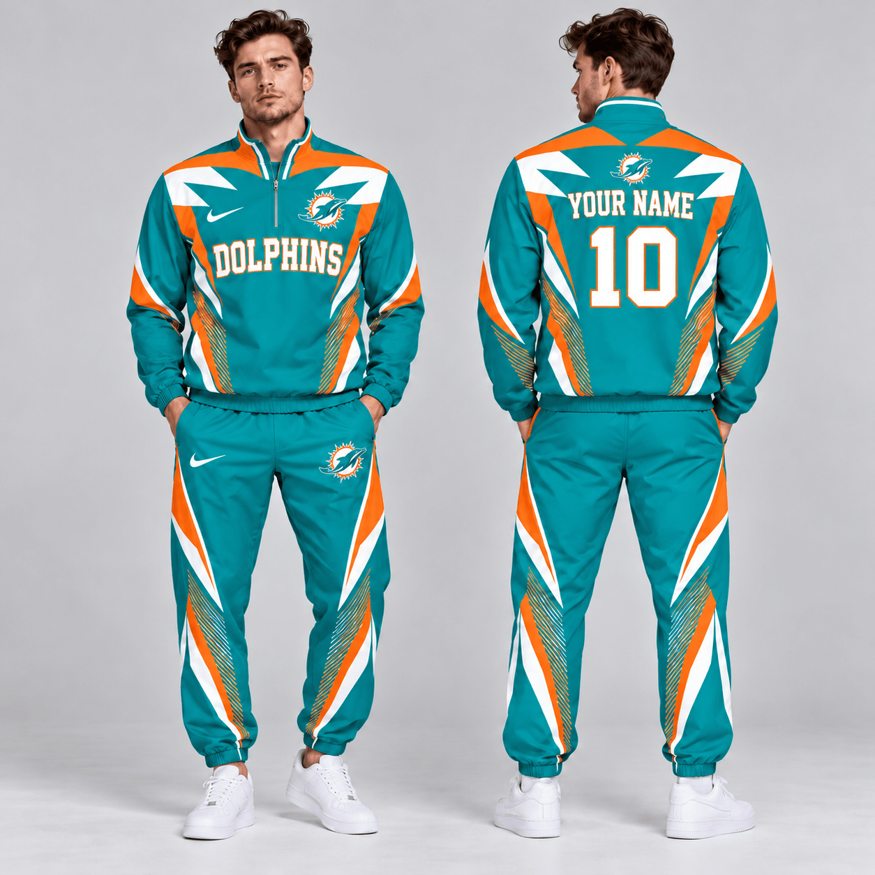 Miami Dolphins | Premium NFL Custom Name Number Lightning Strike Graphic Quarter Zip Pullover Jacket And Matching Jogger Pants Tracksuit Set NDN cover