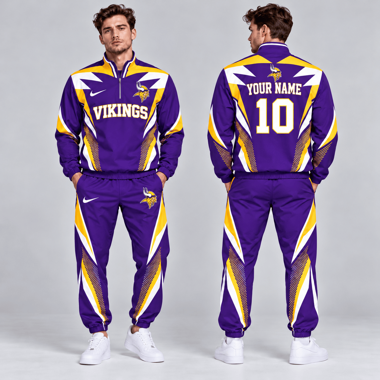 Minnesota Vikings | Premium NFL Custom Name Number Lightning Strike Graphic Quarter Zip Pullover Jacket And Matching Jogger Pants Tracksuit Set NDN cover