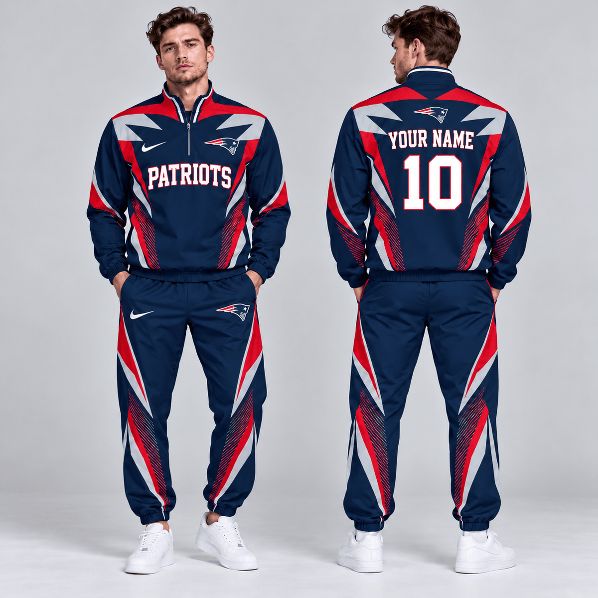 New England Patriots | Premium NFL Custom Name Number Lightning Strike Graphic Quarter Zip Pullover Jacket And Matching Jogger Pants Tracksuit Set NDN cover